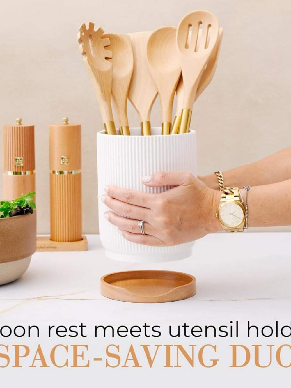 White Ceramic Utensil Holder with Built-In Wooden Spoon Rest –2PC Set for Kitche - Picture 4 of 8